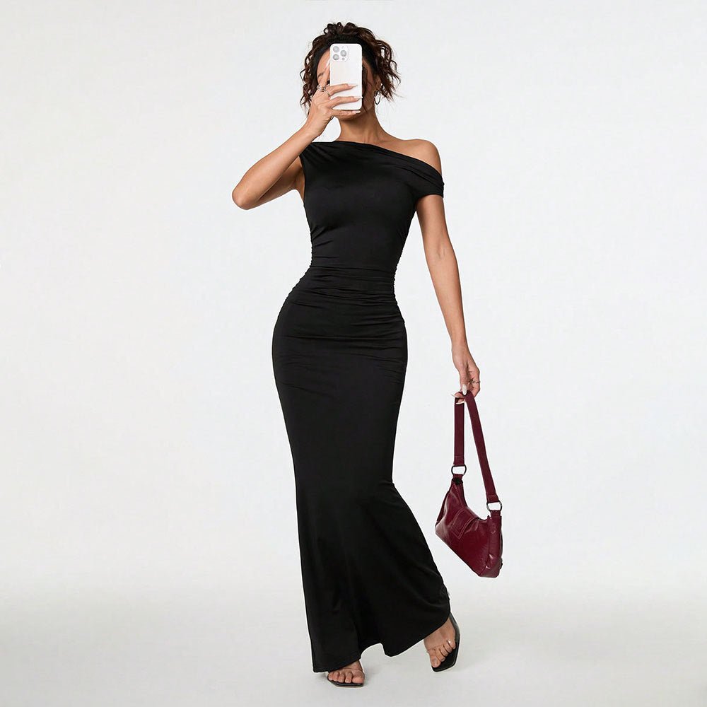 Off-shoulder | Slant-neck Black Evening Gown