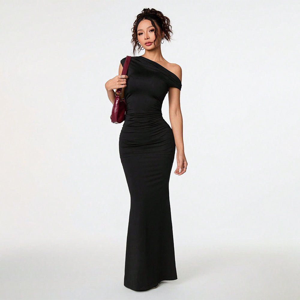 Off-shoulder | Slant-neck Black Evening Gown